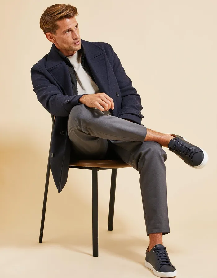 Men Threadbare Luxe Navy Mock Layer Tailored Coat Navy Threadbare Jacket and Coats
