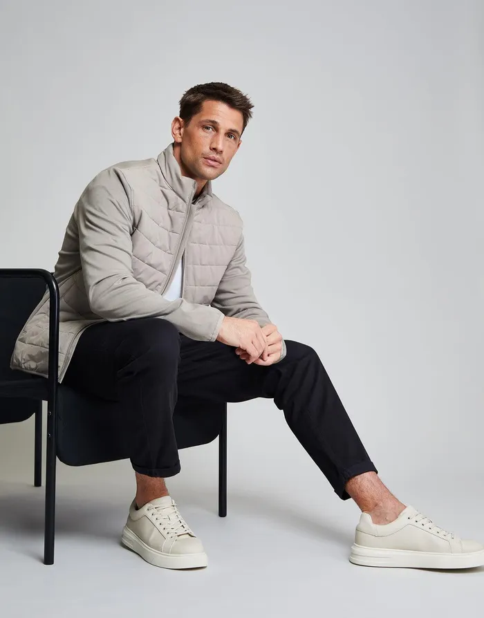 Men Threadbare Luxe Stone Quilted Hybrid Funnel Neck Jacket Stone Threadbare Jacket and Coats Men Threadbare Luxe Stone Quilted Hybrid Funnel Neck Jacket Stone Threadbare Jacket and Coats