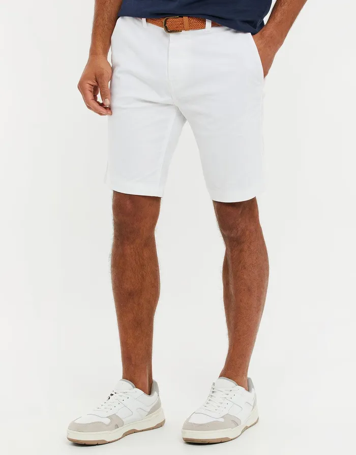 Men White Belted Chino Shorts White Threadbare Shorts