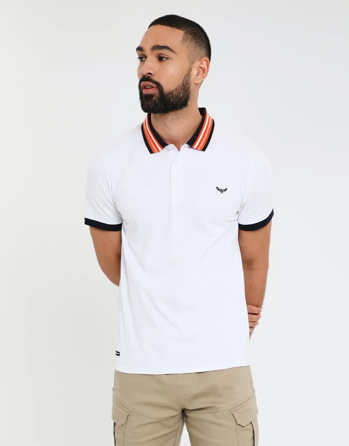 Men White Contrast Rib Collar Polo Shirt White Threadbare Polo Shirts