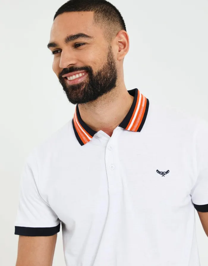 Men White Contrast Rib Collar Polo Shirt White Threadbare Polo Shirts