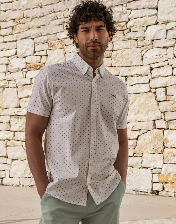 Men White Geo Print Short Sleeve Shirt White Threadbare Shirts