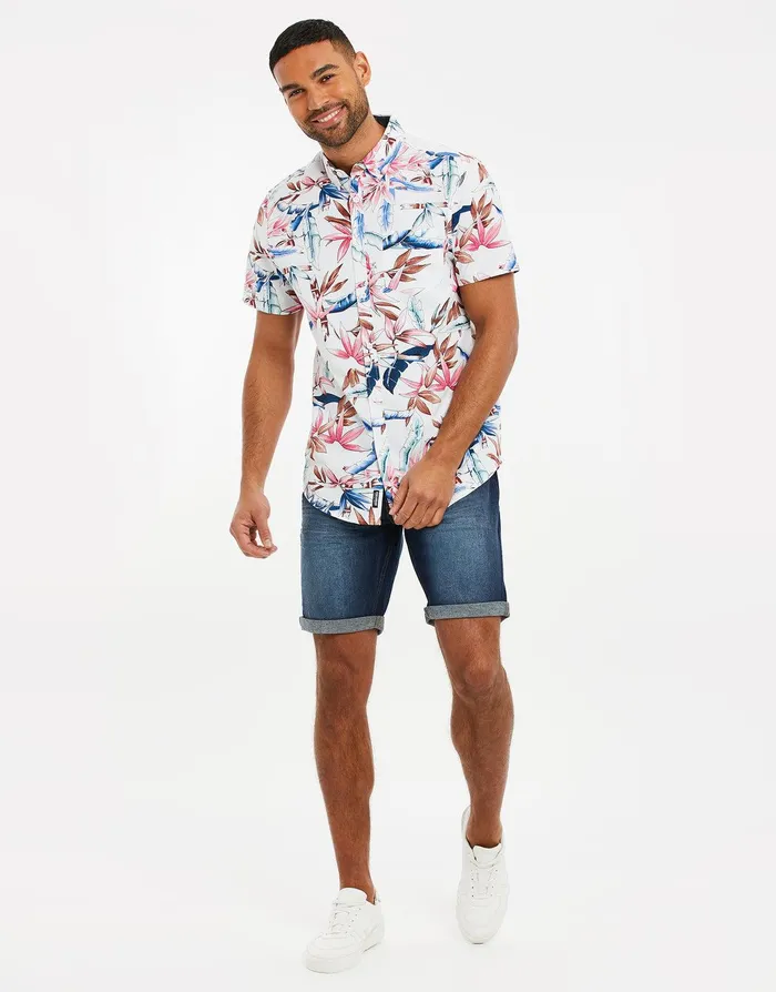 Men White Palm Print Short Sleeve Shirt White Threadbare Shirts Men White Palm Print Short Sleeve Shirt White Threadbare Shirts