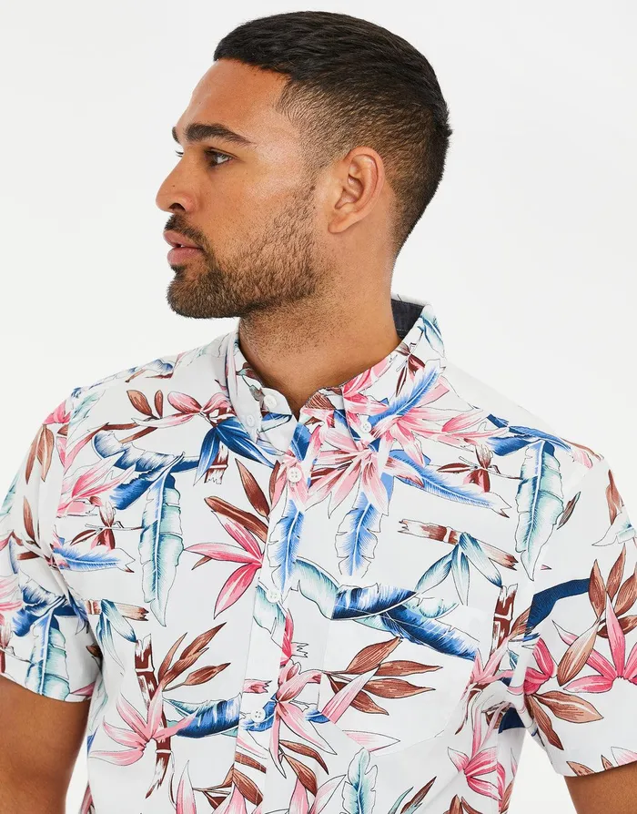 Men White Palm Print Short Sleeve Shirt White Threadbare Shirts Men White Palm Print Short Sleeve Shirt White Threadbare Shirts