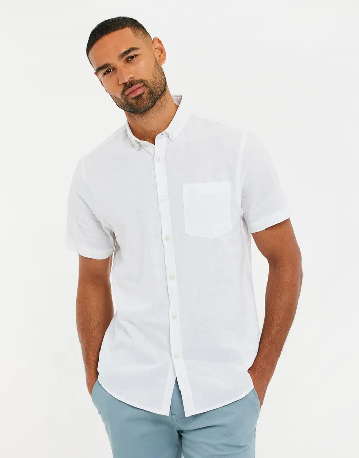 Men White Short Sleeve Linen Blend Shirt White Threadbare Linen