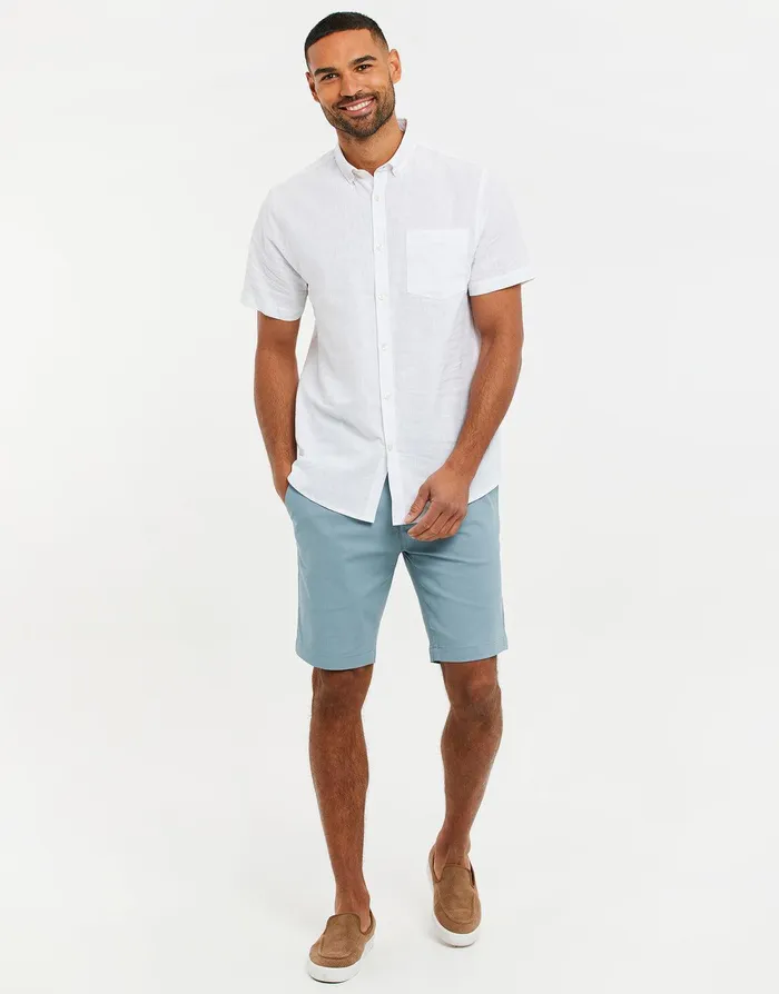 Men White Short Sleeve Linen Blend Shirt White Threadbare Linen Men White Short Sleeve Linen Blend Shirt White Threadbare Linen
