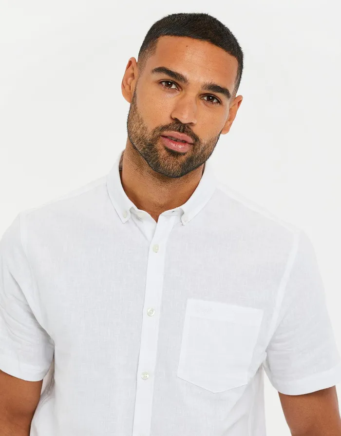 Men White Short Sleeve Linen Blend Shirt White Threadbare Linen Men White Short Sleeve Linen Blend Shirt White Threadbare Linen