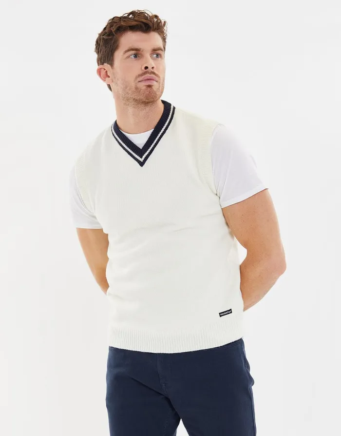 Men White V Neck Knitted Vest White Threadbare Knitwear