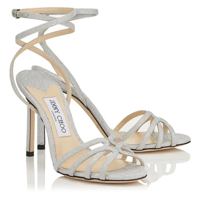 Mimi 100 Silver Fine Glitter Fabric Wrap Around Sandal Silver Women JIMMY CHOO Bridal Shoes