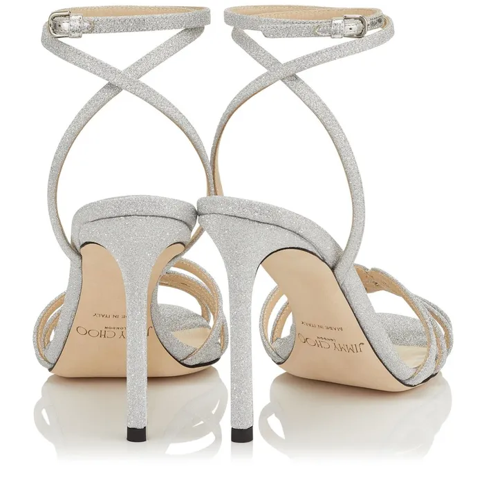 Mimi 100 Silver Fine Glitter Fabric Wrap Around Sandal Silver Women JIMMY CHOO Bridal Shoes