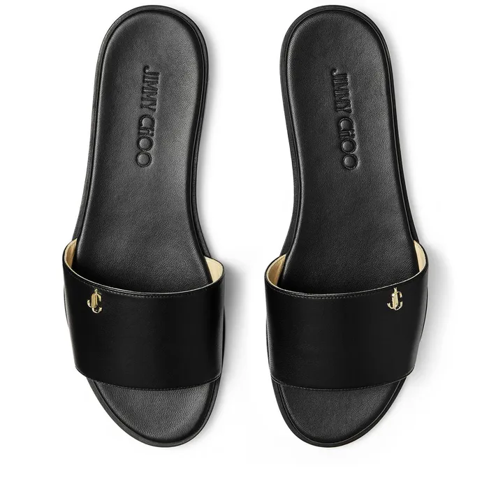 Minea Flat Black Nappa Leather Flats With Gold Jc Button Black Women JIMMY CHOO Flats