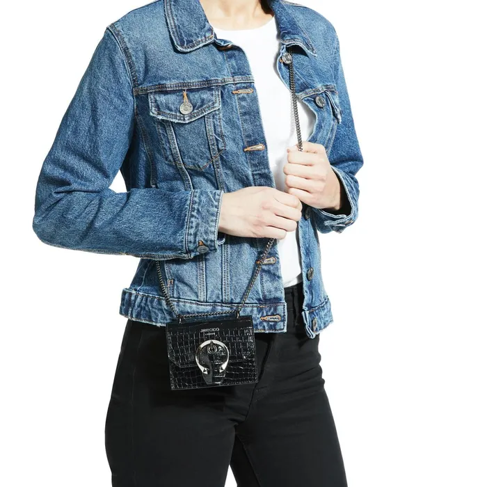 Mini Paris Black Shiny CrocEmbossed Leather Super Mini Bag With Metal Buckle Black Women JIMMY CHOO Small Leather Goods