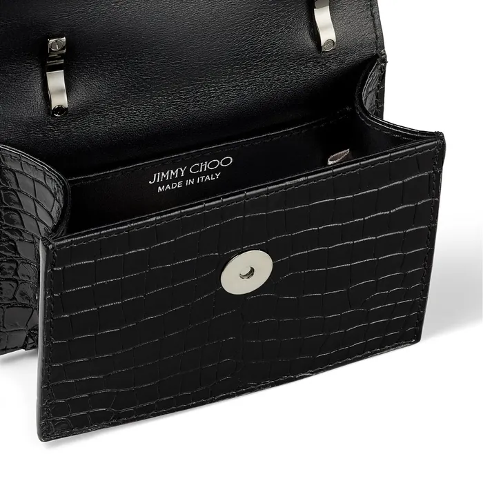 Mini Paris Black Shiny CrocEmbossed Leather Super Mini Bag With Metal Buckle Black Women JIMMY CHOO Small Leather Goods