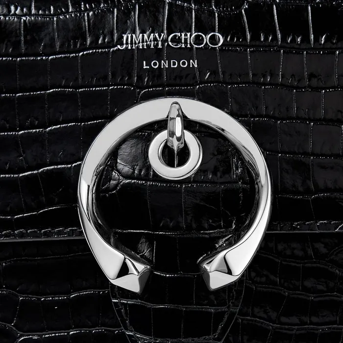 Mini Paris Black Shiny CrocEmbossed Leather Super Mini Bag With Metal Buckle Black Women JIMMY CHOO Small Leather Goods