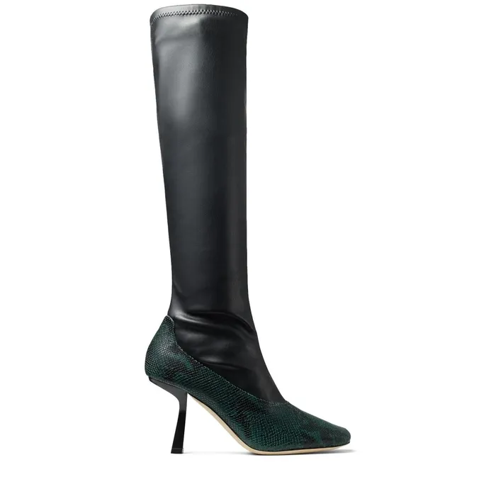 Myka 85 Dark Moss Snake Printed Leather And Black Stretch Bonded Fabric Knee Boots Dark Mossblack Women JIMMY CHOO Boots Myka 85 Dark Moss Snake Printed Leather And Black Stretch Bonded Fabric Knee Boots Dark Mossblack Women JIMMY CHOO Boots