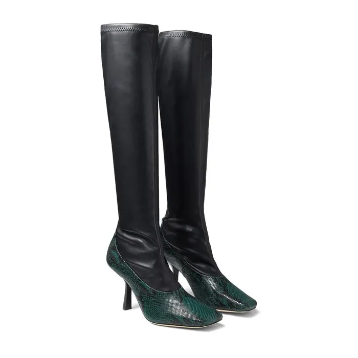 Myka 85 Dark Moss Snake Printed Leather And Black Stretch Bonded Fabric Knee Boots Dark Mossblack Women JIMMY CHOO Boots