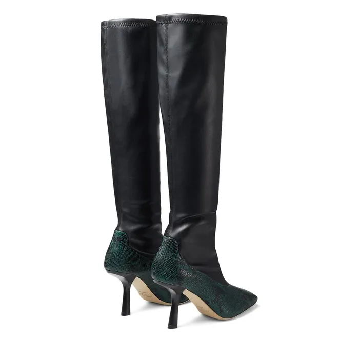 Myka 85 Dark Moss Snake Printed Leather And Black Stretch Bonded Fabric Knee Boots Dark Mossblack Women JIMMY CHOO Boots