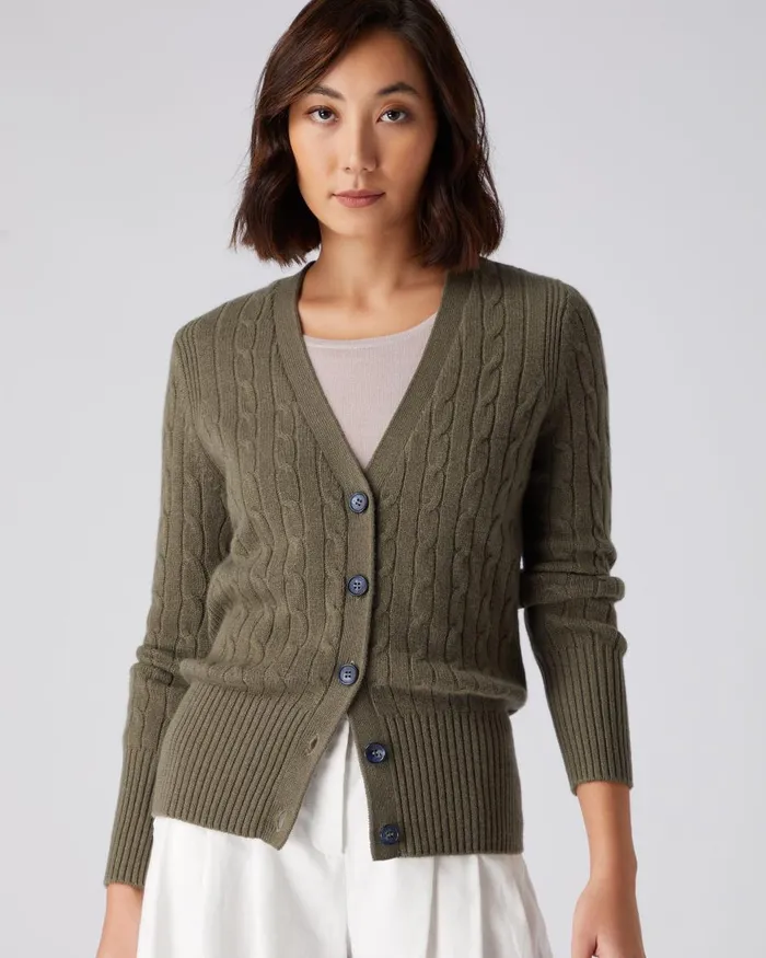 NPeal Cardigans Women Cable V Neck Cashmere Cardigan In Khaki Green