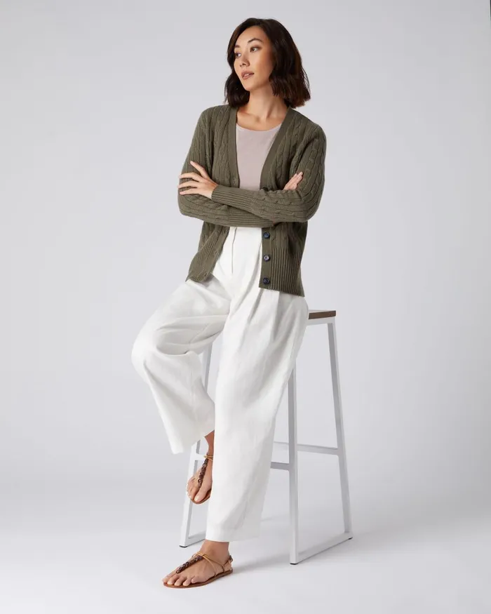 NPeal Cardigans Women Cable V Neck Cashmere Cardigan In Khaki Green