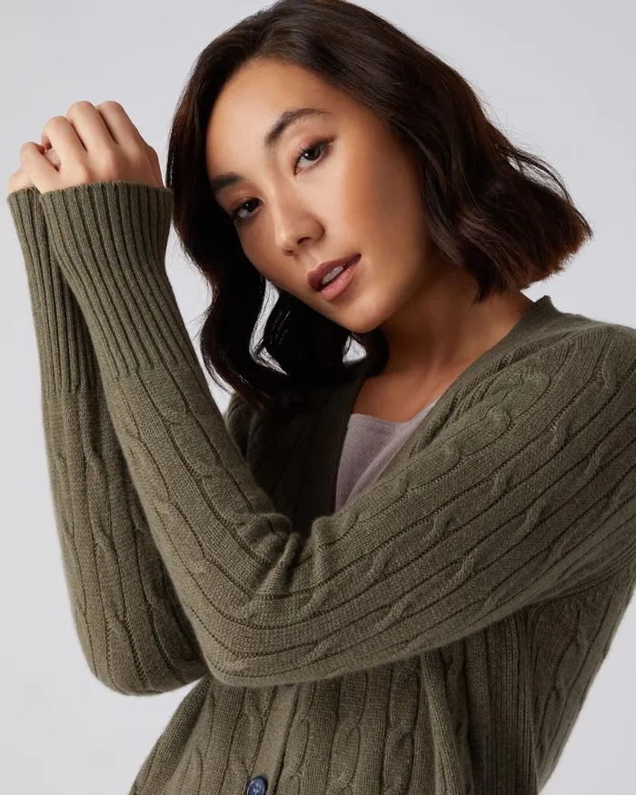 NPeal Cardigans Women Cable V Neck Cashmere Cardigan In Khaki Green