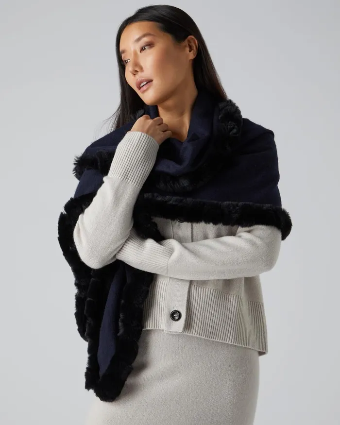 NPeal Cashmere Scarves Women Fur Edge Triangular Cashmere Scarf In Navy Blue