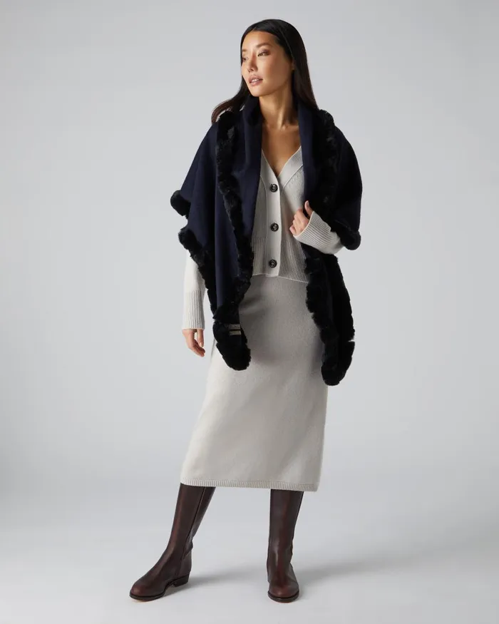 NPeal Cashmere Scarves Women Fur Edge Triangular Cashmere Scarf In Navy Blue