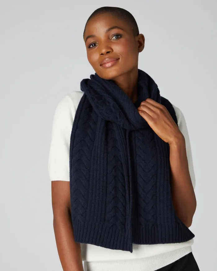 NPeal Cashmere Scarves Women Wide Cable Cashmere Scarf In Navy Blue