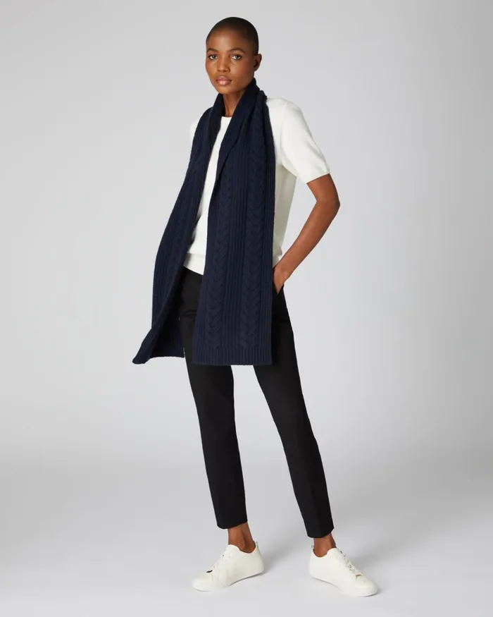 NPeal Cashmere Scarves Women Wide Cable Cashmere Scarf In Navy Blue