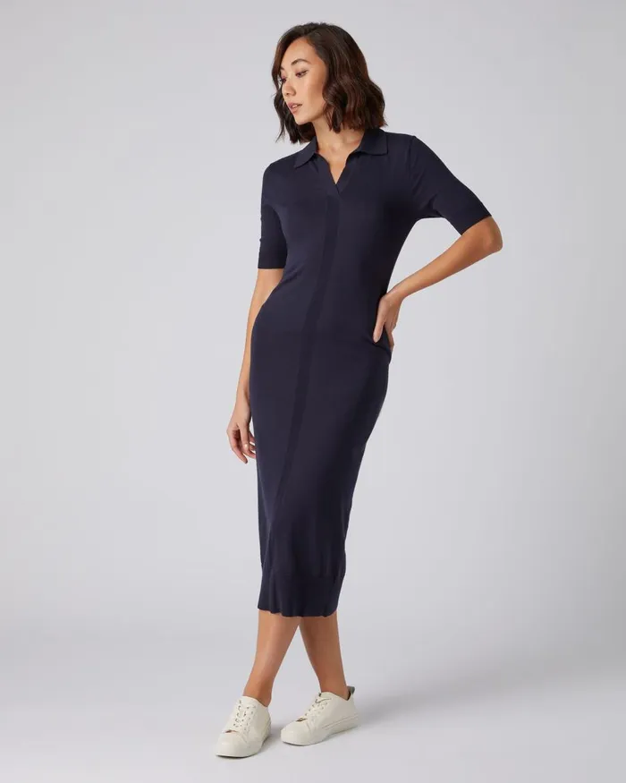 NPeal Dresses and Skirts Women Polo Collar Cotton Cashmere Dress In Navy Blue