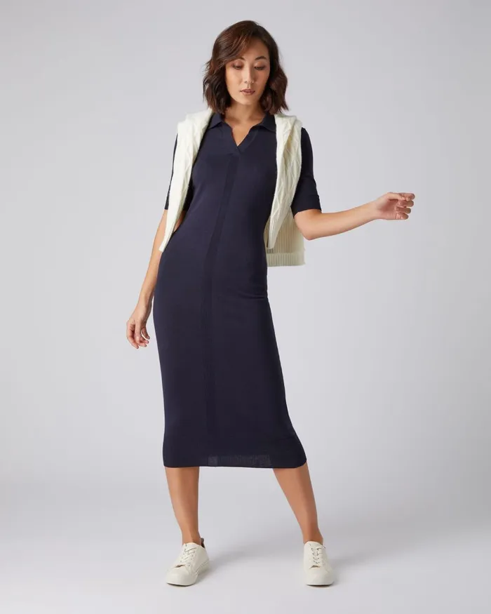 NPeal Dresses and Skirts Women Polo Collar Cotton Cashmere Dress In Navy Blue