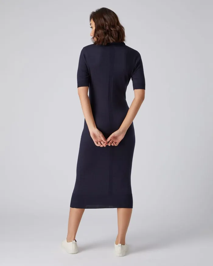 NPeal Dresses and Skirts Women Polo Collar Cotton Cashmere Dress In Navy Blue