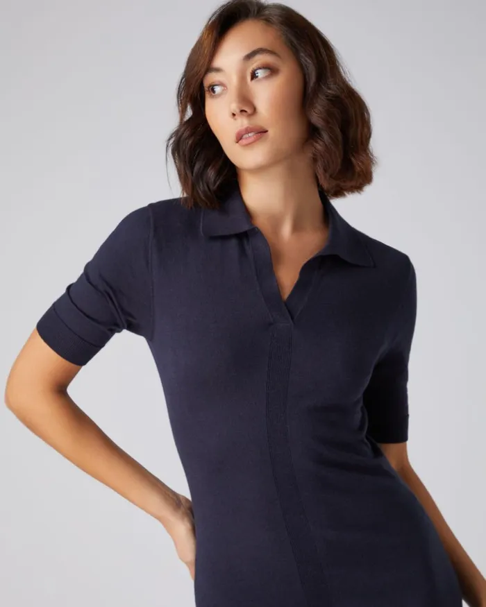 NPeal Dresses and Skirts Women Polo Collar Cotton Cashmere Dress In Navy Blue