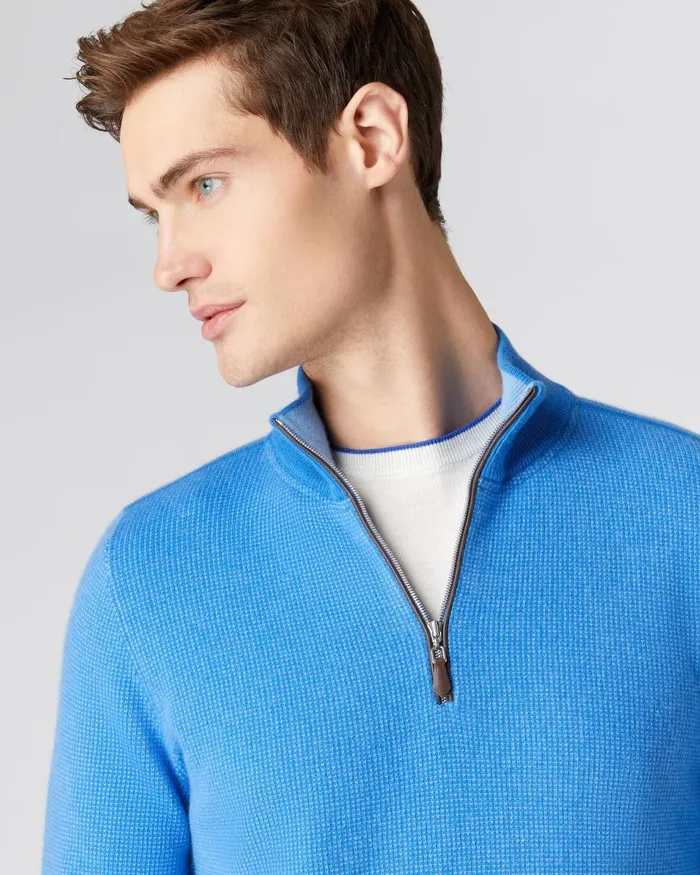 NPeal Half and Full Zip Knitwear Men Carnaby Half Zip Birdseye Cashmere Jumper In Zanzibar Blue