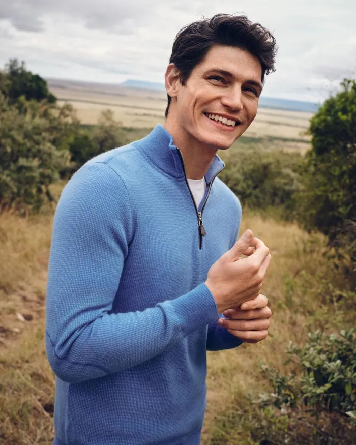NPeal Half and Full Zip Knitwear Men Carnaby Half Zip Birdseye Cashmere Jumper In Zanzibar Blue