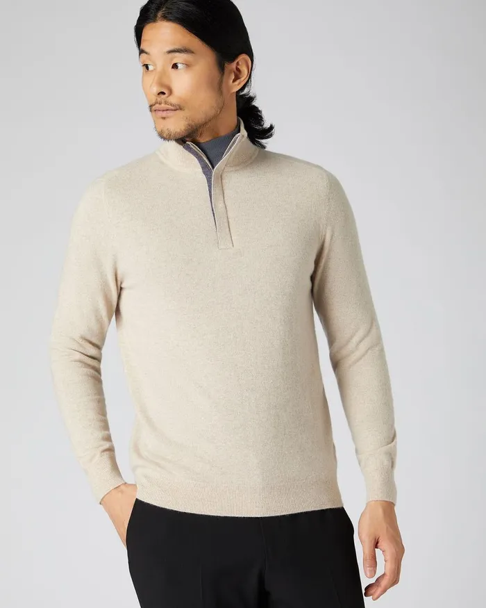 NPeal Half and Full Zip Knitwear Men Cashmere Half Zip Jumper In Oatmeal Brown NPeal Half and Full Zip Knitwear Men Cashmere Half Zip Jumper In Oatmeal Brown