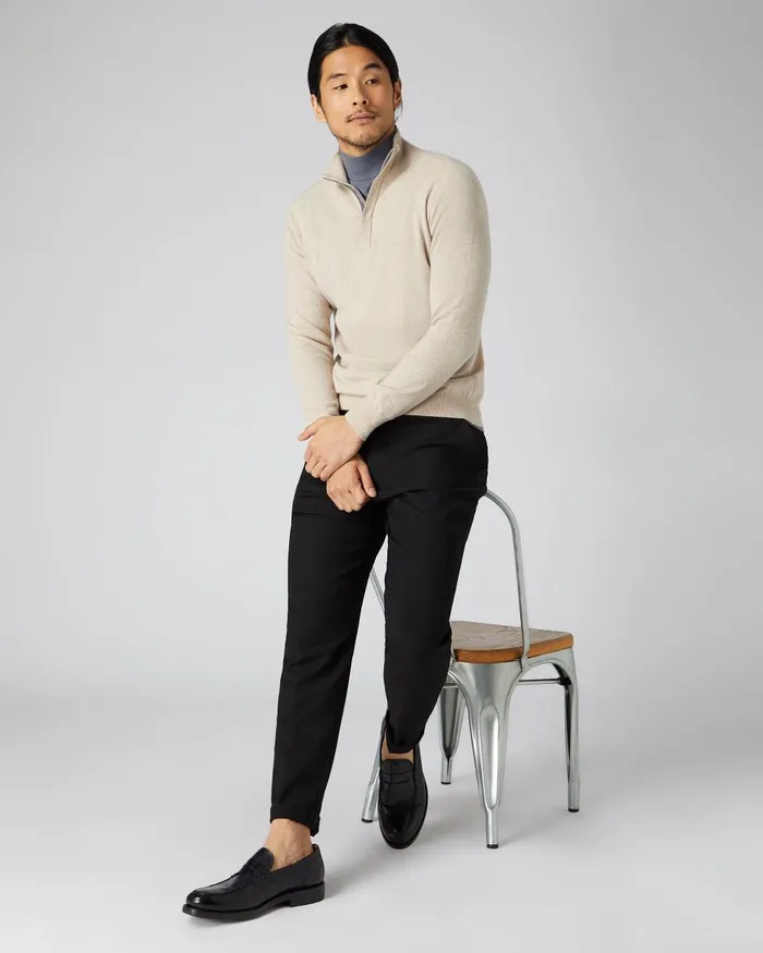 NPeal Half and Full Zip Knitwear Men Cashmere Half Zip Jumper In Oatmeal Brown