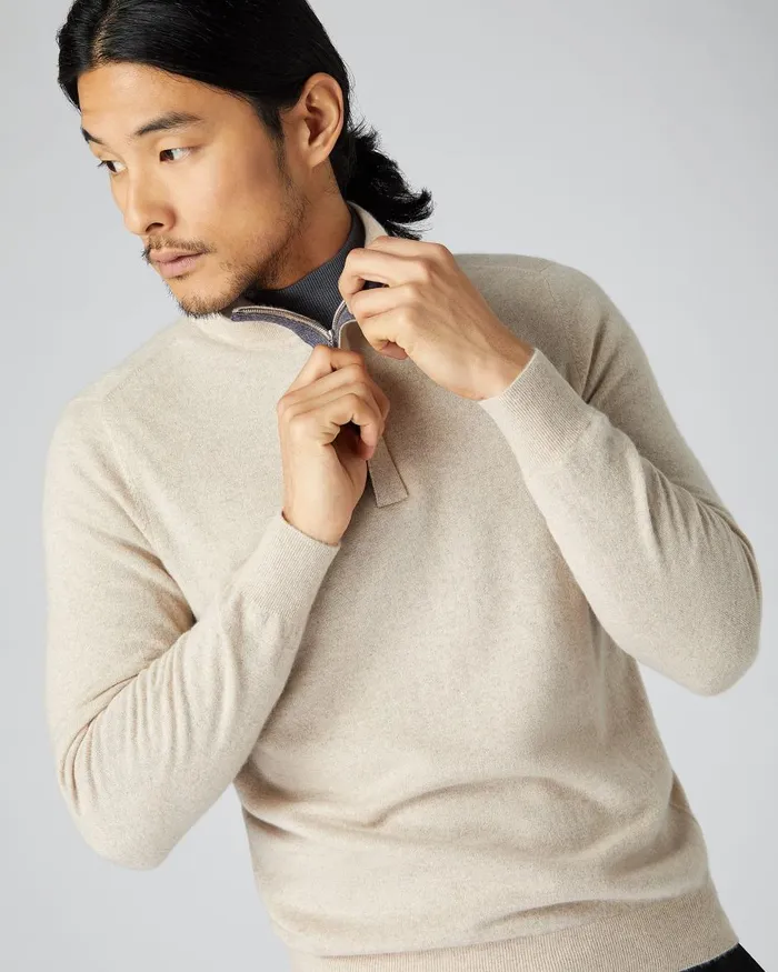 NPeal Half and Full Zip Knitwear Men Cashmere Half Zip Jumper In Oatmeal Brown