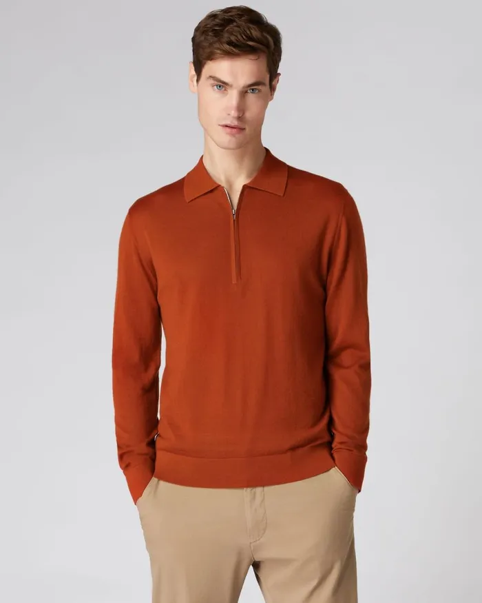 NPeal Half and Full Zip Knitwear Men Fine Gauge Cashmere Half Zip Shirt In Tawny Orange