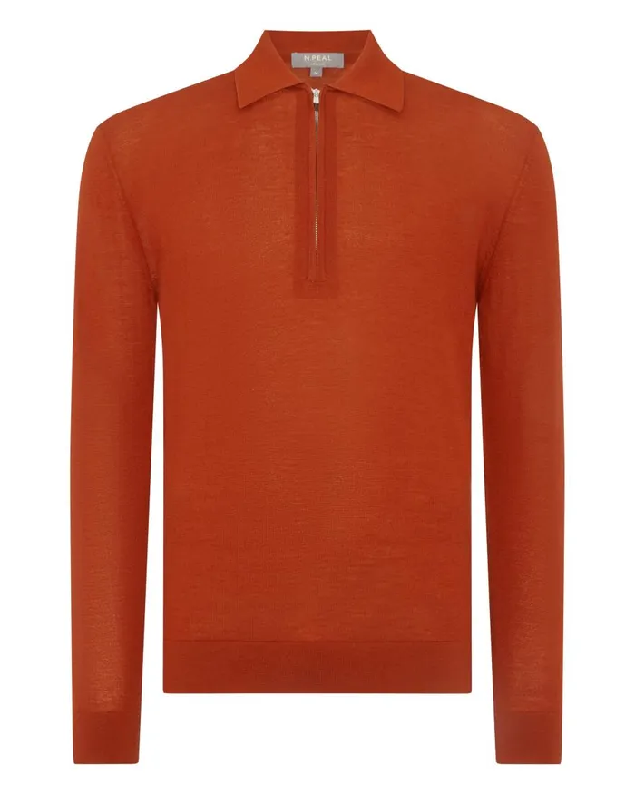 NPeal Half and Full Zip Knitwear Men Fine Gauge Cashmere Half Zip Shirt In Tawny Orange