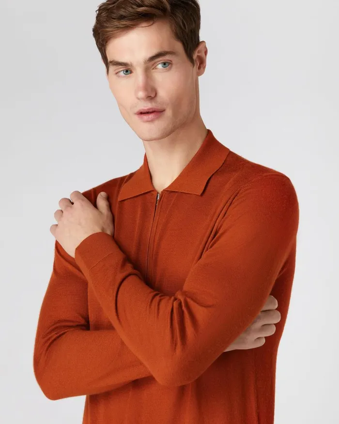 NPeal Half and Full Zip Knitwear Men Fine Gauge Cashmere Half Zip Shirt In Tawny Orange