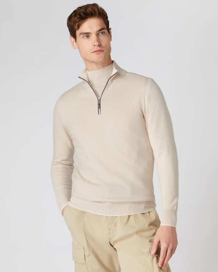 NPeal Half and Full Zip Knitwear Men The Carnaby Half Zip Cashmere Jumper In Almond White NPeal Half and Full Zip Knitwear Men The Carnaby Half Zip Cashmere Jumper In Almond White