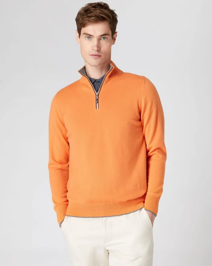 NPeal Half and Full Zip Knitwear Men The Carnaby Half Zip Cashmere Jumper In Papaya Orange NPeal Half and Full Zip Knitwear Men The Carnaby Half Zip Cashmere Jumper In Papaya Orange