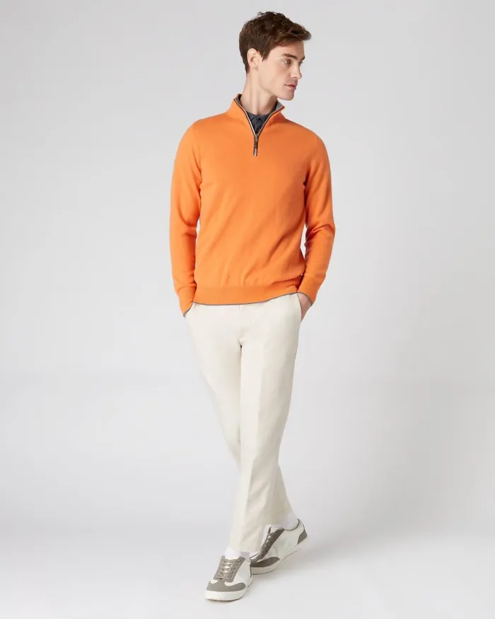 NPeal Half and Full Zip Knitwear Men The Carnaby Half Zip Cashmere Jumper In Papaya Orange
