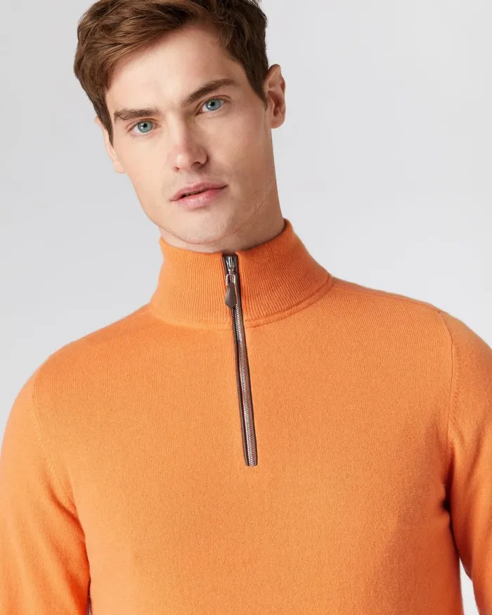 NPeal Half and Full Zip Knitwear Men The Carnaby Half Zip Cashmere Jumper In Papaya Orange