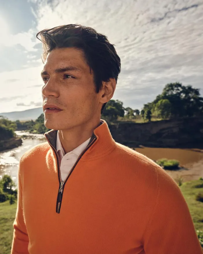 NPeal Half and Full Zip Knitwear Men The Carnaby Half Zip Cashmere Jumper In Papaya Orange