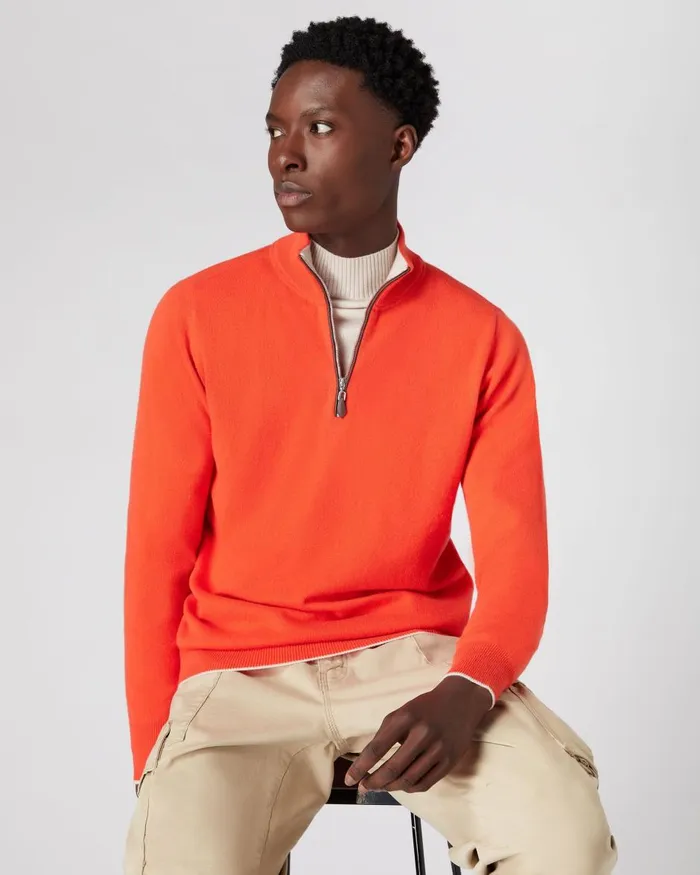 NPeal Half and Full Zip Knitwear Men The Carnaby Half Zip Cashmere Jumper In Vermillion Red NPeal Half and Full Zip Knitwear Men The Carnaby Half Zip Cashmere Jumper In Vermillion Red