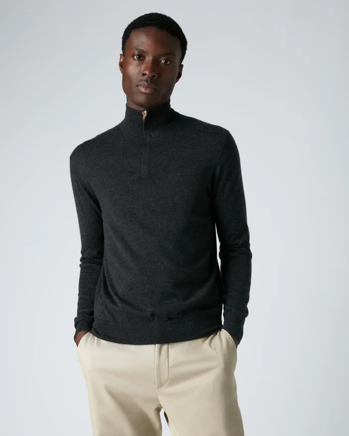 NPeal Half and Full Zip Knitwear Men The Regent Fine Gauge Cashmere Half Zip Jumper In Dark Charcoal Grey NPeal Half and Full Zip Knitwear Men The Regent Fine Gauge Cashmere Half Zip Jumper In Dark Charcoal Grey