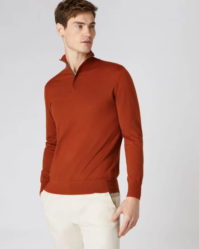 NPeal Half and Full Zip Knitwear Men The Regent Fine Gauge Cashmere Half Zip Jumper In Tawny Orange NPeal Half and Full Zip Knitwear Men The Regent Fine Gauge Cashmere Half Zip Jumper In Tawny Orange