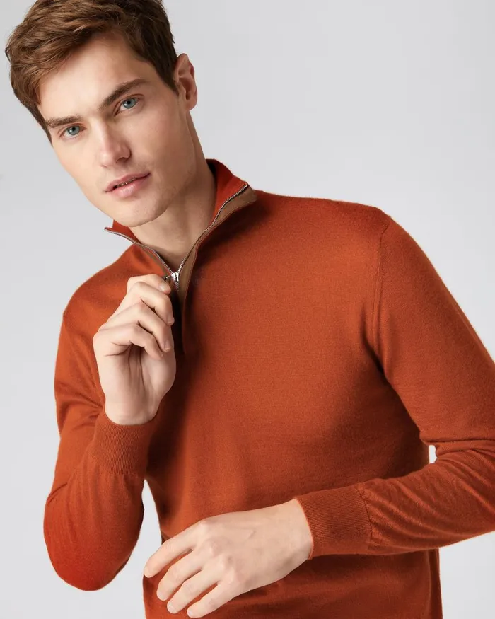 NPeal Half and Full Zip Knitwear Men The Regent Fine Gauge Cashmere Half Zip Jumper In Tawny Orange