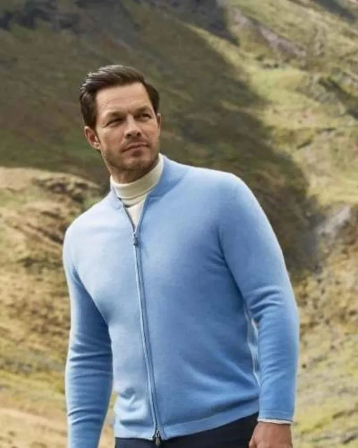 NPeal Half and Full Zip Knitwear Men Zip Through Cashmere Bomber Jacket In Light Blue NPeal Half and Full Zip Knitwear Men Zip Through Cashmere Bomber Jacket In Light Blue